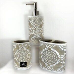 Elite Khaki 3 Piece Bathroom Vanity Accessory Set Tan/Beige White